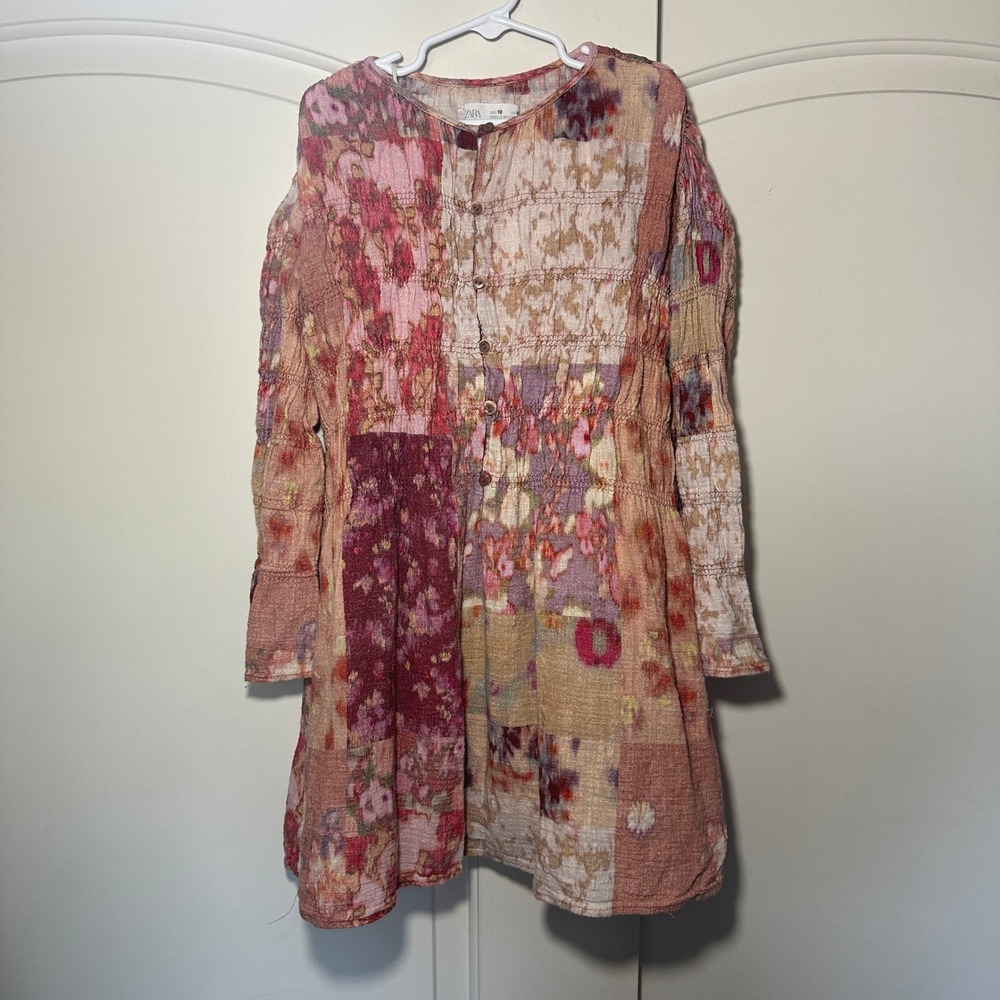 Zara Patchwork Floral Dress Girls 10 Pink Cotton Smocked Gauze Long Sleeve Boho